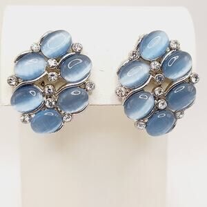Vintage Blue Cabochon Clip Earrings Silver Tone Rhinestone Accents Unsigned